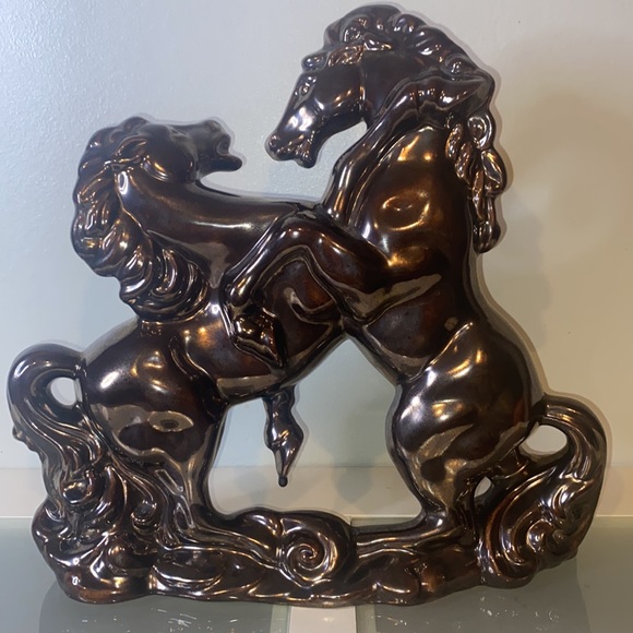 Mid-Century Fighting Stallions Statue Ceramic Bronze Glaze-Vintage 1960’s - Picture 6 of 13